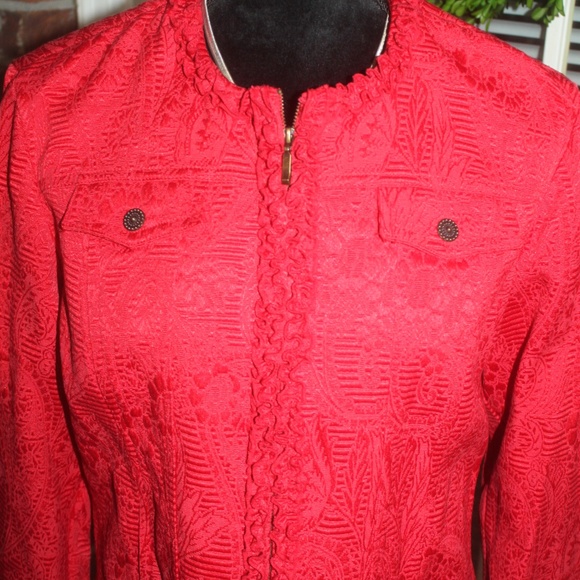 Ruby Rd red long sleeve short zip jacket 4 pockets ruffled trim 10 New no tags… - Picture 3 of 6